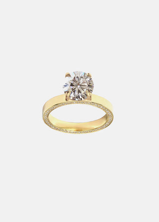 Luminous 2.0ct round pave moissanite wedding band angled view showing its sparkle