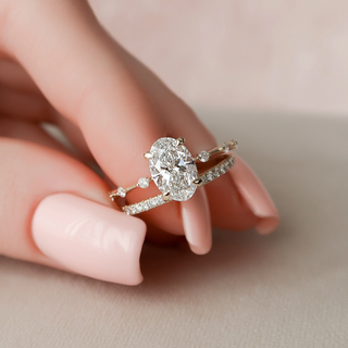 1.50CT Oval Cut Hidden Halo petite Pave Eternity Diamond Moissanite Bridal Engagement Ring Set