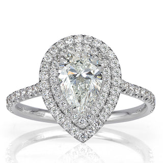 Pear double halo moissanite ring front view