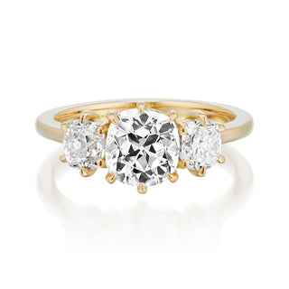 three stone moissanite ring cushion old mine front view