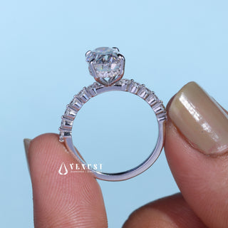 Brilliant 2.0ct oval hidden halo moissanite ring side profile view