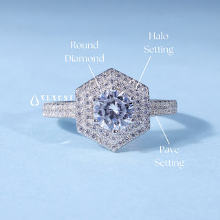 Classic Round Moissanite Pave Engagement Ring with Halo setting and band details