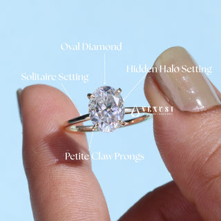 Gorgeous 1.0ct oval hidden halo moissanite ring three quarter angled view