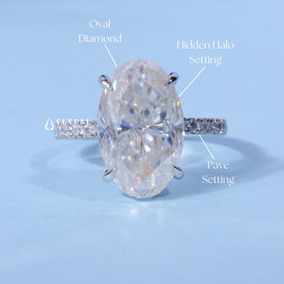 Oval Cut Moissanite Pave Hidden Halo Engagement Ring with centre stone measurement details
