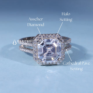 Asscher Cut Halo Pave Engagement Ring with Moissanite setting and band details