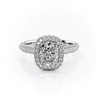 2.0CT Elongated Cushion Cut Halo Three Side Pave Moissanite Engagement Ring