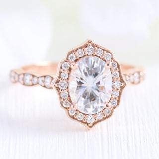 1.50CT Vintage Floral Oval Cut Moissanite Halo Engagement Ring Set