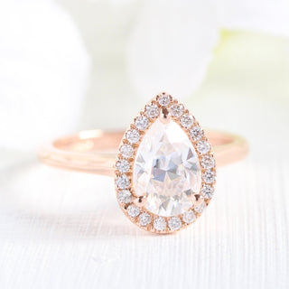 Lustrous 1.50ct pear halo moissanite ring close up of the setting