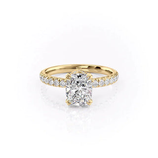 Shimmering 2.0ct cushion hidden halo moissanite ring overhead view