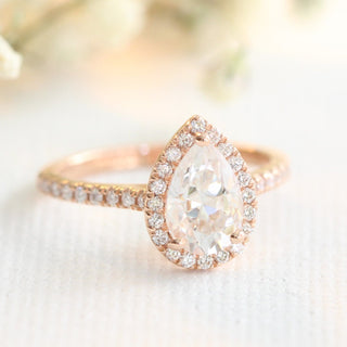 Stunning 1.50ct pear halo moissanite ring overhead view