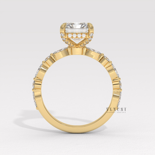 Side profile of a round cut moissanite engagement ring with a hidden halo and pave band under bright light