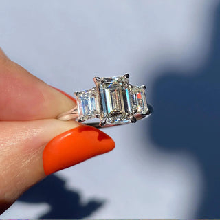 1.91 CT Emerald Cut Three stone Moissanite Engagement Ring close up