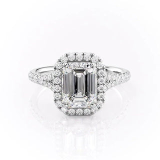 1.91 CT Emerald Cut Halo Split Shank Diamond Moissanite Engagement Ring