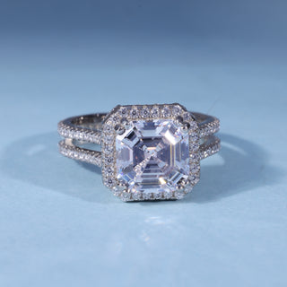 Asscher Cut Halo Pave Engagement Ring with Moissanite front view