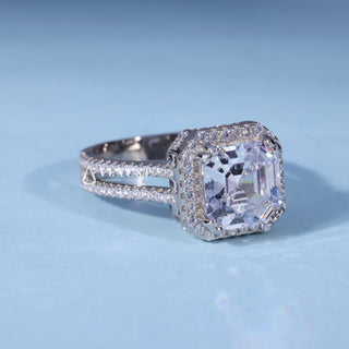 Side profile of Asscher Cut Halo Pave Engagement Ring with Moissanite