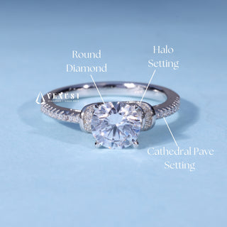 Round Cathedral Moissanite Engagement Ring with Halo Pave setting and band details