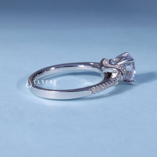 Side profile of Round Cathedral Moissanite Engagement Ring with Halo Pave