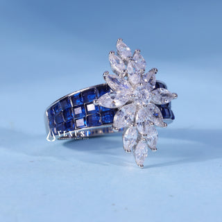 Front standing view of the Round Marquise Moissanite Cluster Engagement Ring showing the prong setting