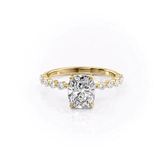 Lustrous 2.0ct cushion hidden halo moissanite ring tilted view catching the light