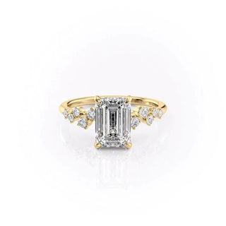 2.10 CT Emerald Cut Cluster Halo Moissanite Engagement Ring front view
