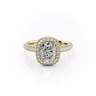 2.0CT Elongated Cushion Cut Halo Three Side Pave Moissanite Engagement Ring