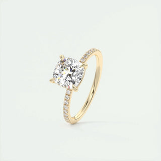 Lustrous 2.15ct cushion solitaire moissanite ring tilted view catching the light
