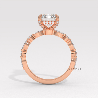 Side profile of a round cut moissanite engagement ring with a hidden halo and pave band in fine detail