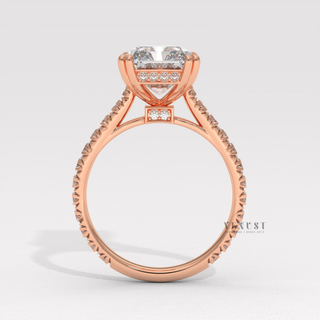 Side profile of a radiant cut moissanite engagement ring with a pave band in fine detail