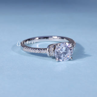 Round Cathedral Moissanite Engagement Ring with Halo Pave opposite side view