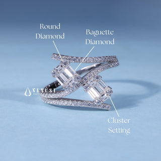 0.70CT Baguette Cluster Engagement Ring with Moissanite setting and band details