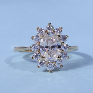 Oval Cut Moissanite Halo Cathedral Setting Engagement Ring front view with upright centre stone