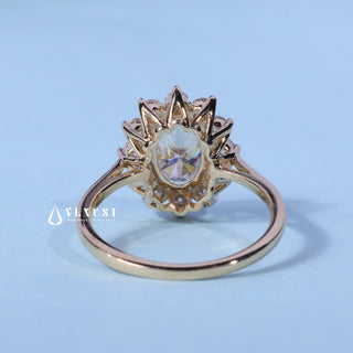 Angled view of the Oval Cut Moissanite Halo Cathedral Setting Engagement Ring band and setting