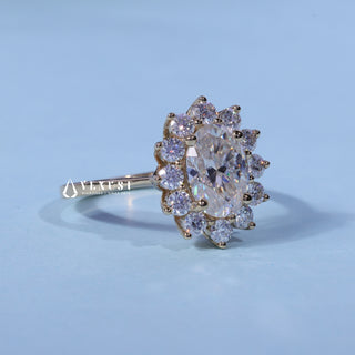 Front standing view of the Oval Cut Moissanite Halo Cathedral Setting Engagement Ring showing the prong setting