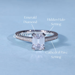 Emerald Cut Hidden Halo Engagement Ring with Moissanite Pave setting and band details