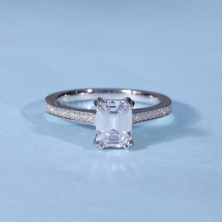 Emerald Cut Hidden Halo Engagement Ring with Moissanite Pave front view