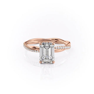 2.10 CT Emerald Cut Solitaire Twisted Pave Moissanite Engagement Ring