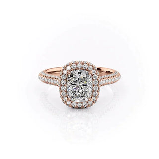 2.0CT Elongated Cushion Cut Halo Three Side Pave Moissanite Engagement Ring