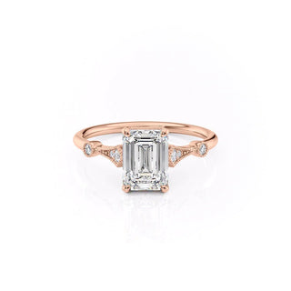 1.91 CT Emerald Cut Solitaire Milgrain Pave Set Moissanite Engagement Ring