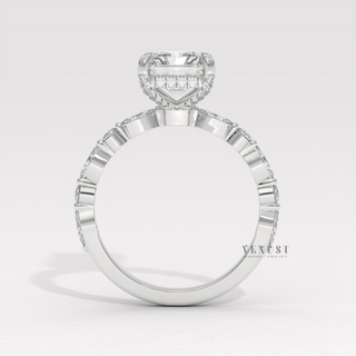 Side profile of a round cut moissanite engagement ring with a hidden halo and pave band up close