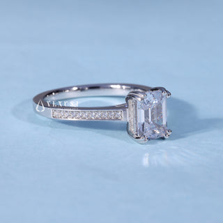 Side profile of Emerald Cut Hidden Halo Engagement Ring with Moissanite Pave