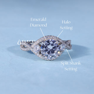 Round Cut Split Shank Moissanite Engagement Ring with Halo setting and band details