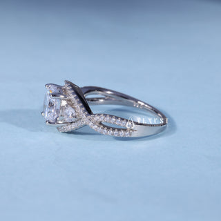 Angled view of Round Cut Split Shank Moissanite Engagement Ring with Halo