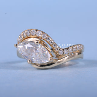 Radiant 1.0ct marquise moissanite wedding band angled view showing its sparkle