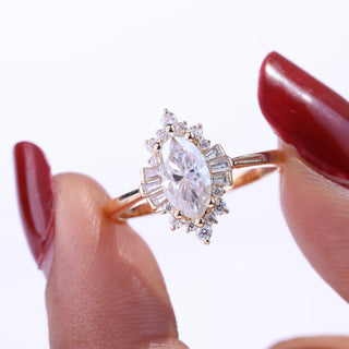 0.75ct Marquise Cut Cluster Diamond Moissanite Vintage Style Engagement Couple Ring Design