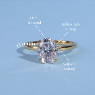 Hidden Halo Oval Cut Moissanite Engagement Ring with centre stone measurement details