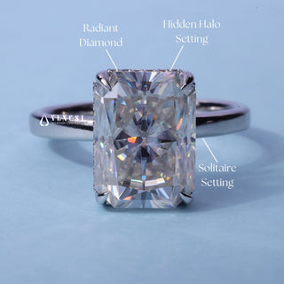 Hidden Halo Cathedral Radiant Cut Moissanite Ring with centre stone measurement details