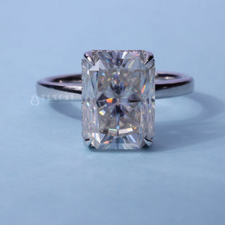 Hidden Halo Cathedral Radiant Cut Moissanite Ring front view with upright centre stone