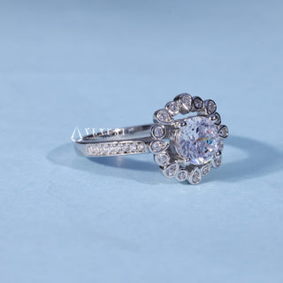 Side profile of Round Moissanite Channel Set Engagement Ring with Halo Pave