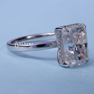 Angled view of the Hidden Halo Cathedral Radiant Cut Moissanite Ring band and setting