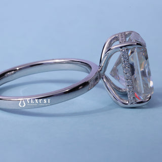 Front standing view of the Hidden Halo Cathedral Radiant Cut Moissanite Ring showing the prong setting